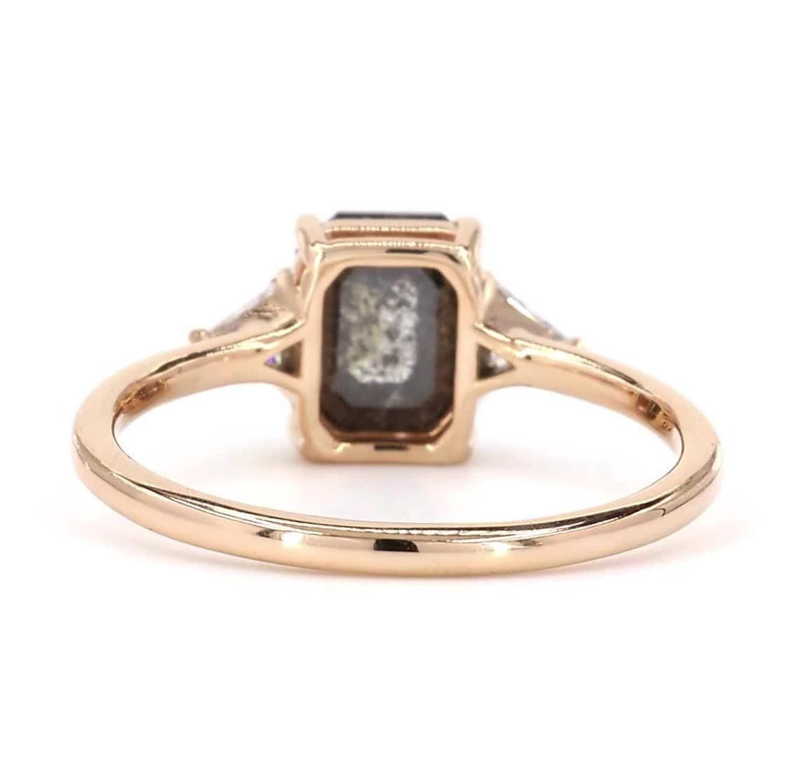 14K Rose Gold Grey Salt and Pepper Emerald Cut Natural Diamond Promise Ring