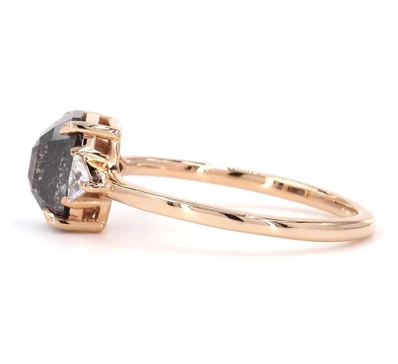 14K Rose Gold Grey Salt and Pepper Emerald Cut Natural Diamond Promise Ring
