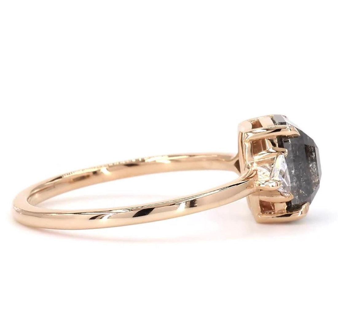 14K Rose Gold Grey Salt and Pepper Emerald Cut Natural Diamond Promise Ring