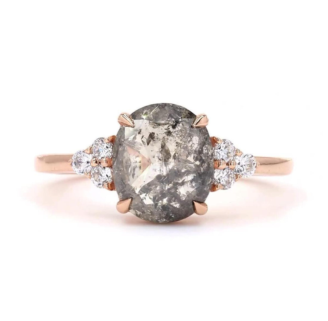 14K Rose Gold Galaxy Grey Salt and Pepper Cushion Cut Natural Diamond Statement Ring