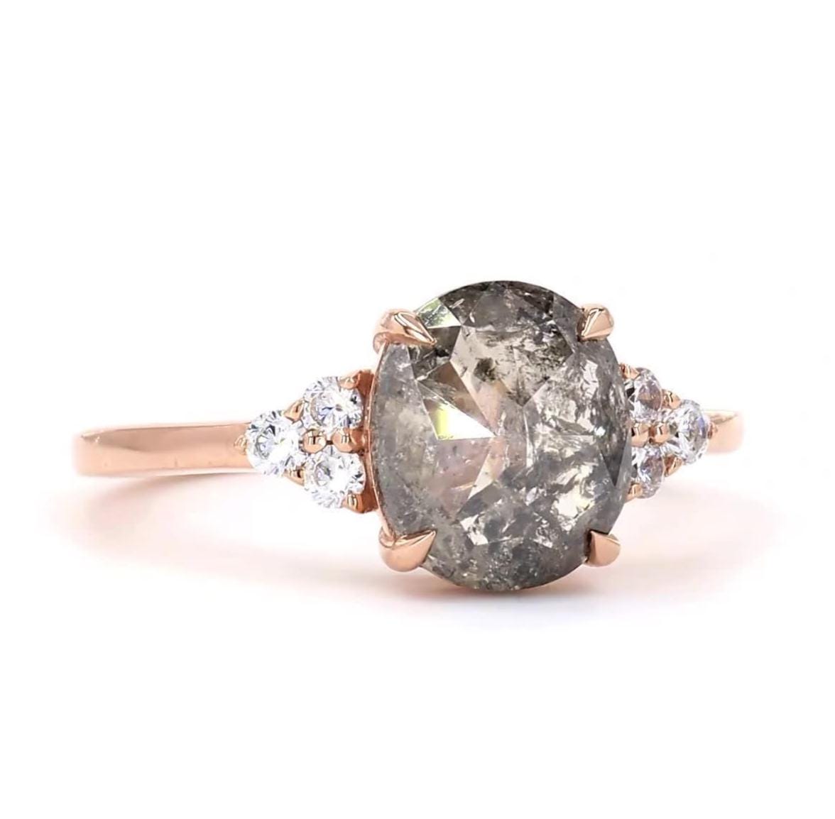 14K Rose Gold Galaxy Grey Salt and Pepper Cushion Cut Natural Diamond Statement Ring