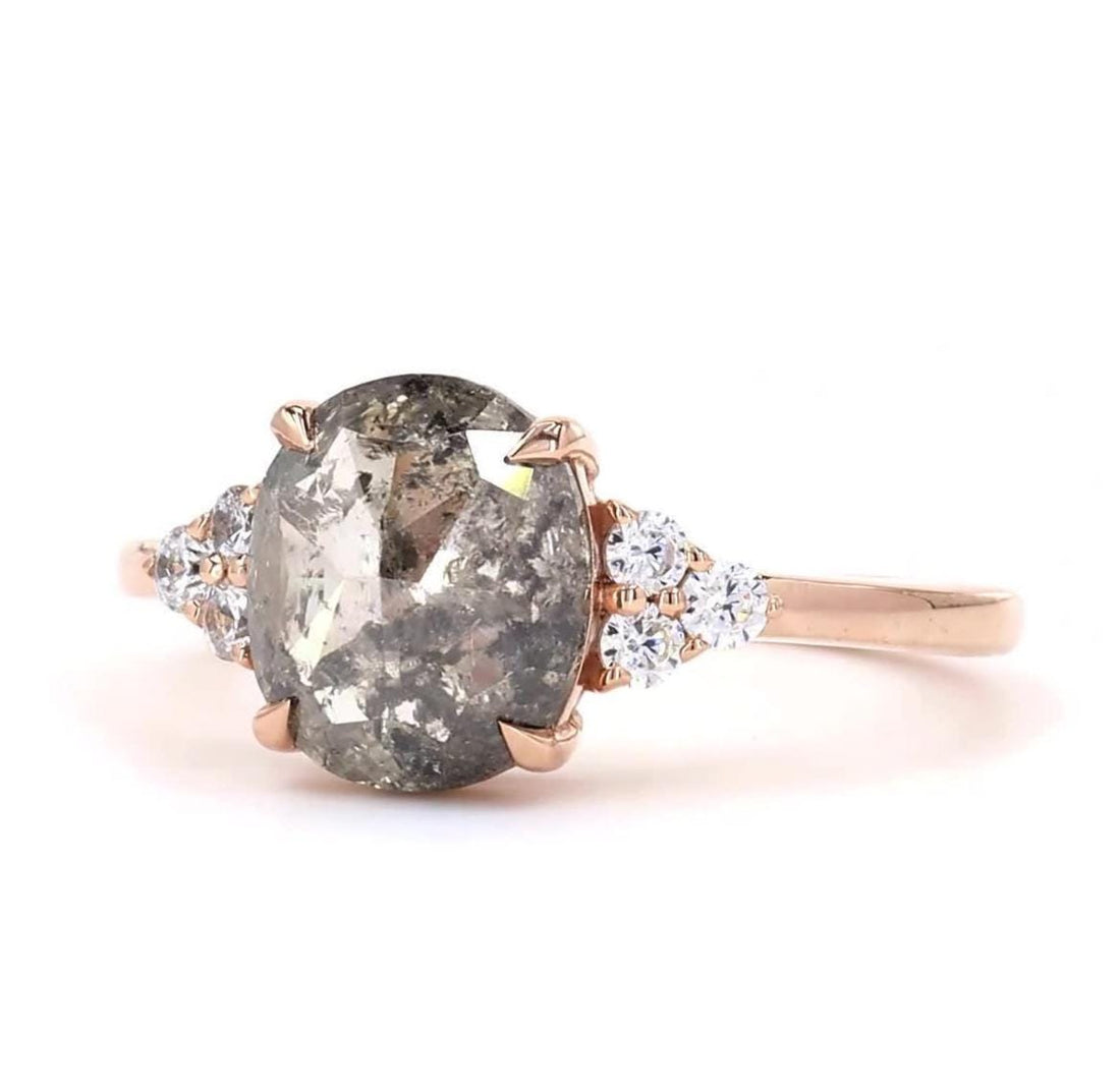 14K Rose Gold Galaxy Grey Salt and Pepper Cushion Cut Natural Diamond Statement Ring