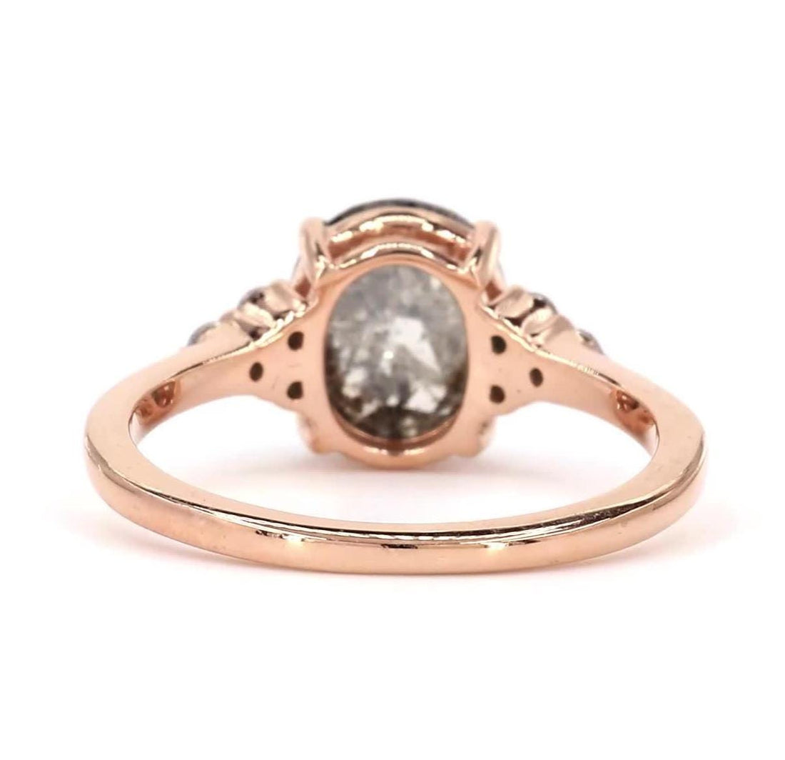 14K Rose Gold Galaxy Grey Salt and Pepper Cushion Cut Natural Diamond Statement Ring