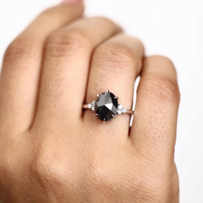 Oval Cut Black Diamond Ring, Natural Diamond 14K Rose Gold Promise Ring
