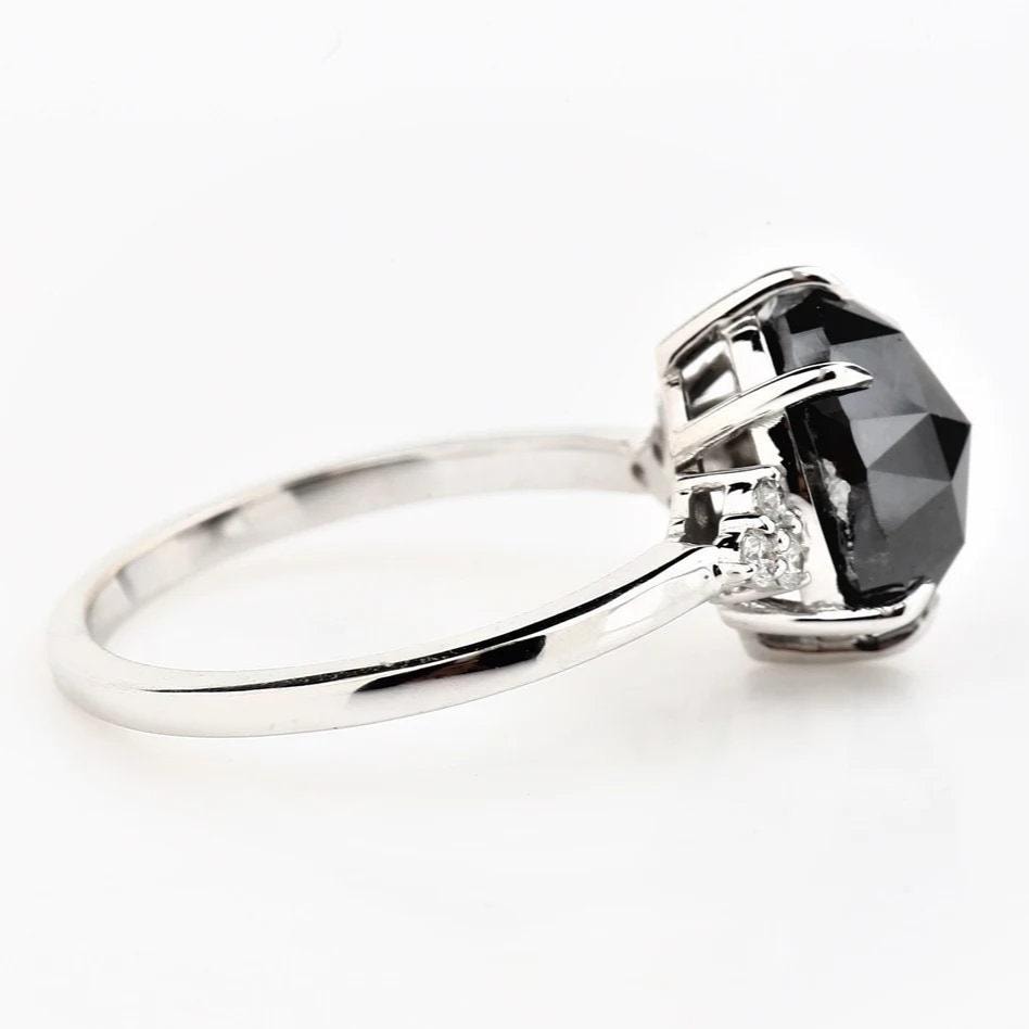 Oval Cut Black Diamond Ring, Natural Diamond 14K Rose Gold Promise Ring