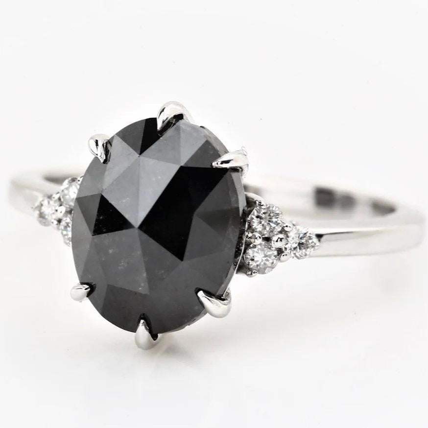 Oval Cut Black Diamond Ring, Natural Diamond 14K Rose Gold Promise Ring
