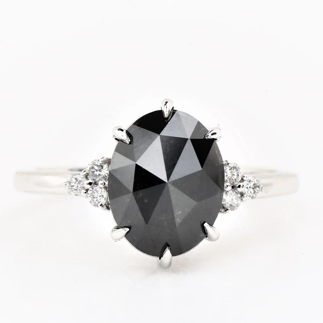Oval Cut Black Diamond Ring, Natural Diamond 14K Rose Gold Promise Ring