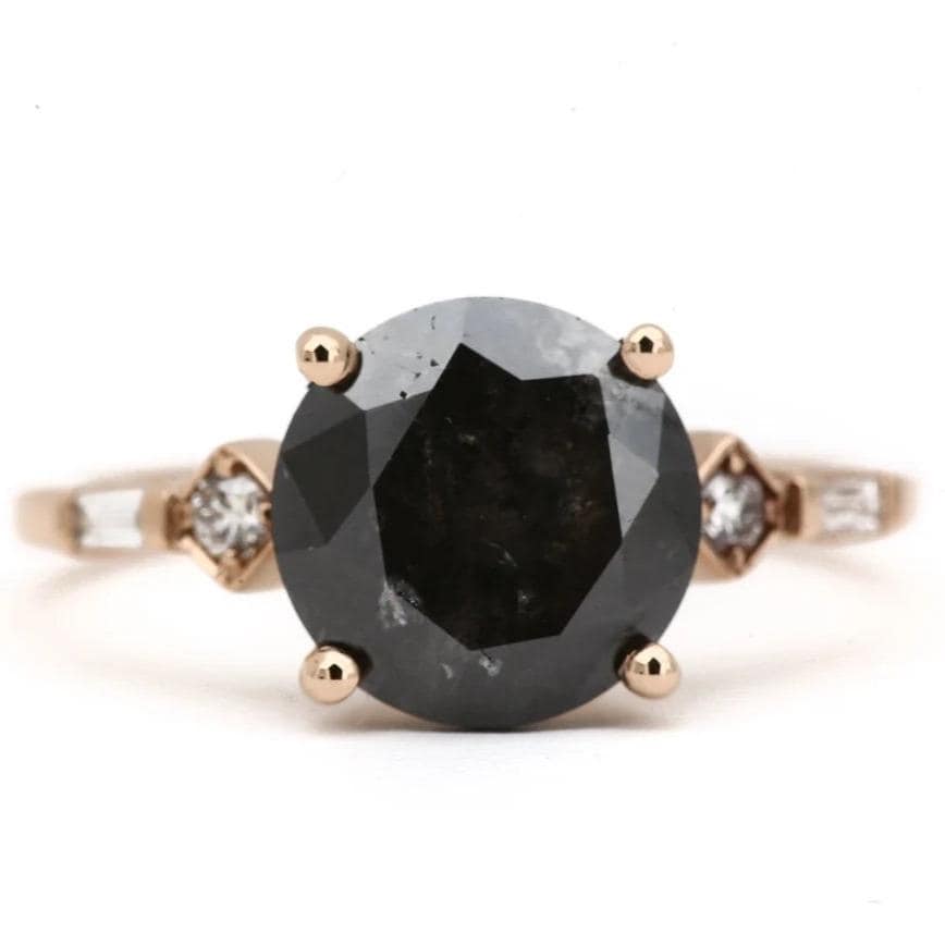 Round Cut Black Diamond Ring, Natural Diamond 14K Yellow Gold Promise Ring