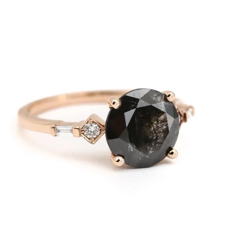 Round Cut Black Diamond Ring, Natural Diamond 14K Yellow Gold Promise Ring