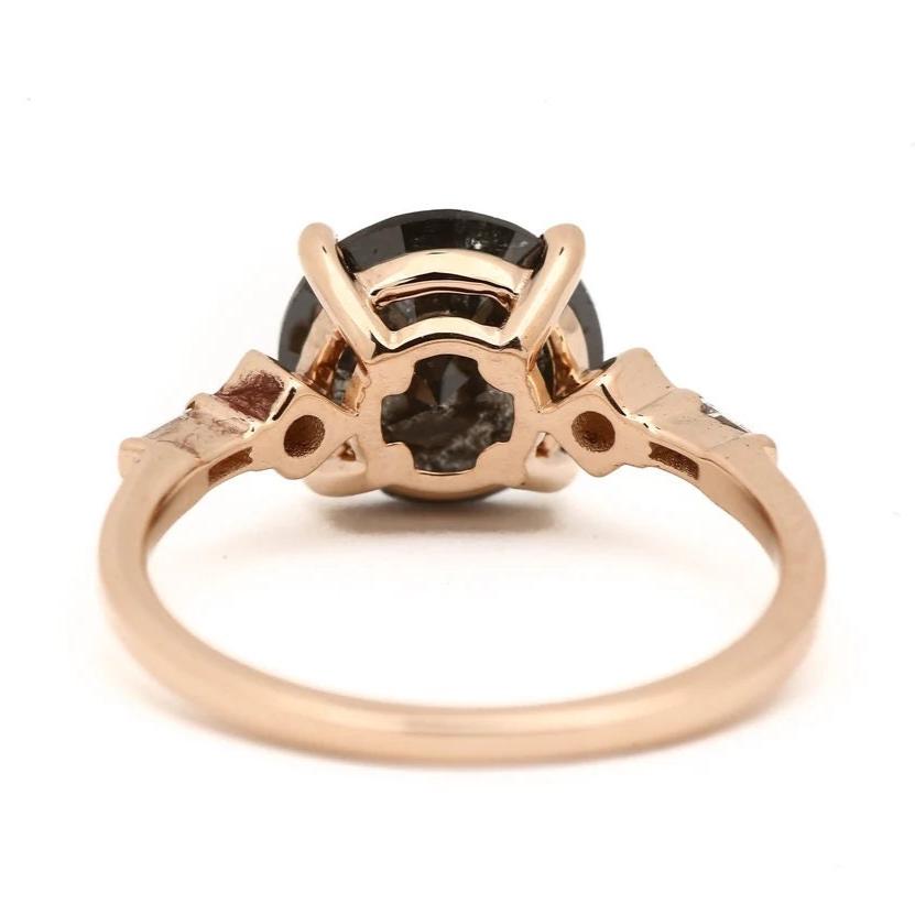 Round Cut Black Diamond Ring, Natural Diamond 14K Yellow Gold Promise Ring