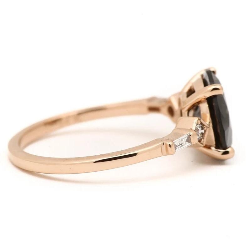 Round Cut Black Diamond Ring, Natural Diamond 14K Yellow Gold Promise Ring