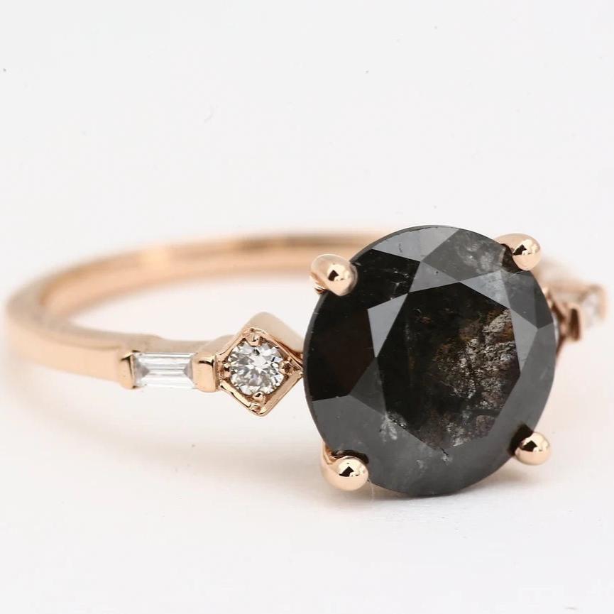 Round Cut Black Diamond Ring, Natural Diamond 14K Yellow Gold Promise Ring