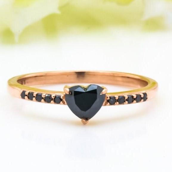 Heart Cut Black Diamond Ring, Natural Diamond 14K Rose Gold Engagement Ring