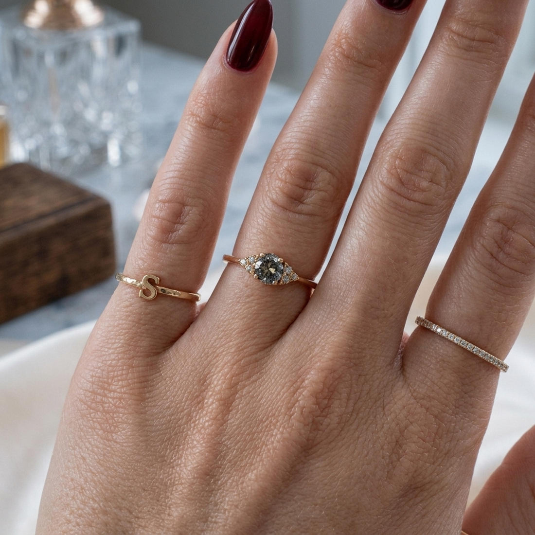 14K White Gold Grey Salt & Pepper Natural Unique Round Cut Diamond Ring