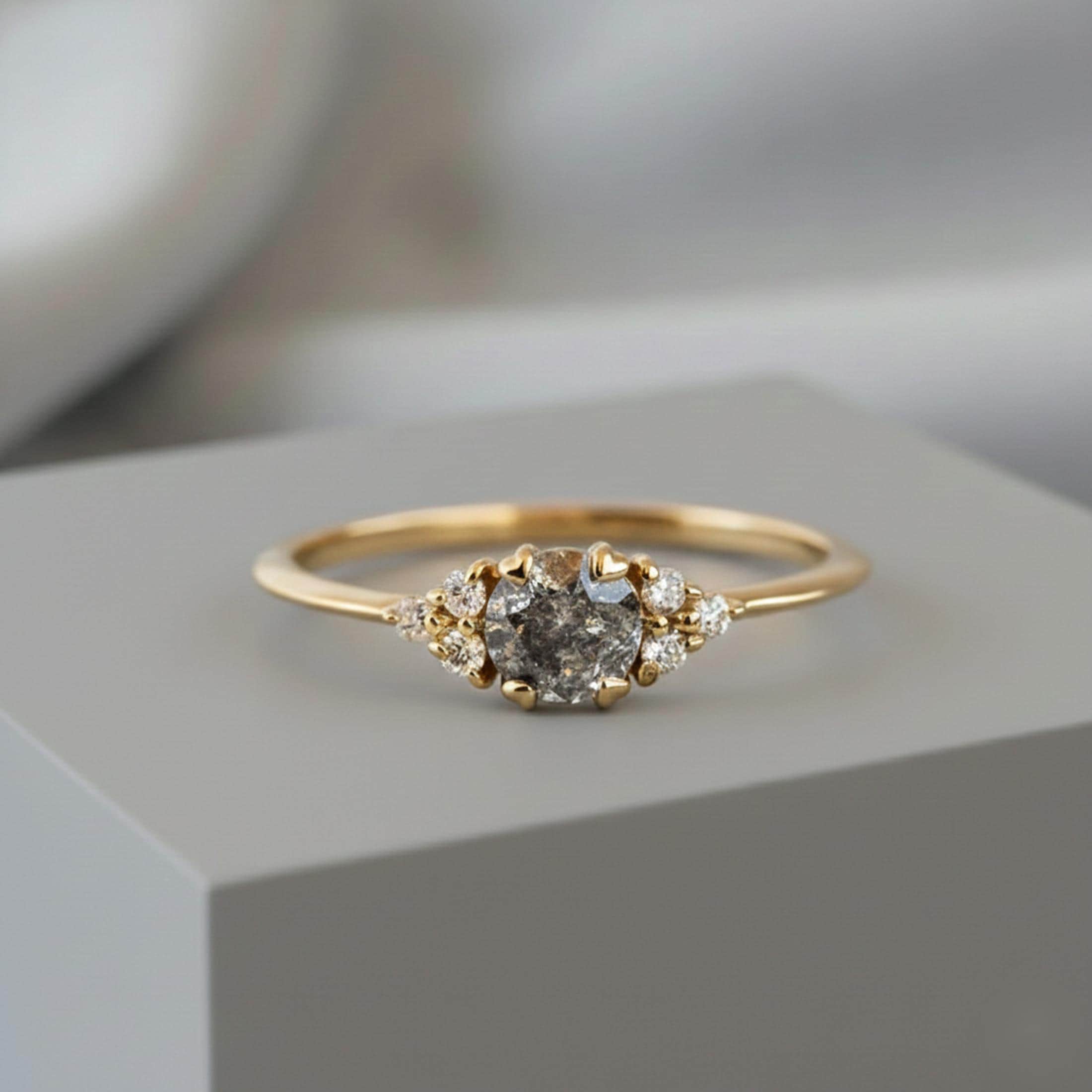 14K White Gold Grey Salt & Pepper Natural Unique Round Cut Diamond Ring