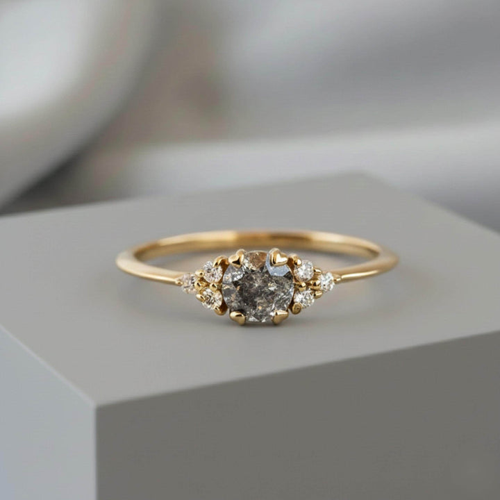 14K White Gold Grey Salt & Pepper Natural Unique Round Cut Diamond Ring