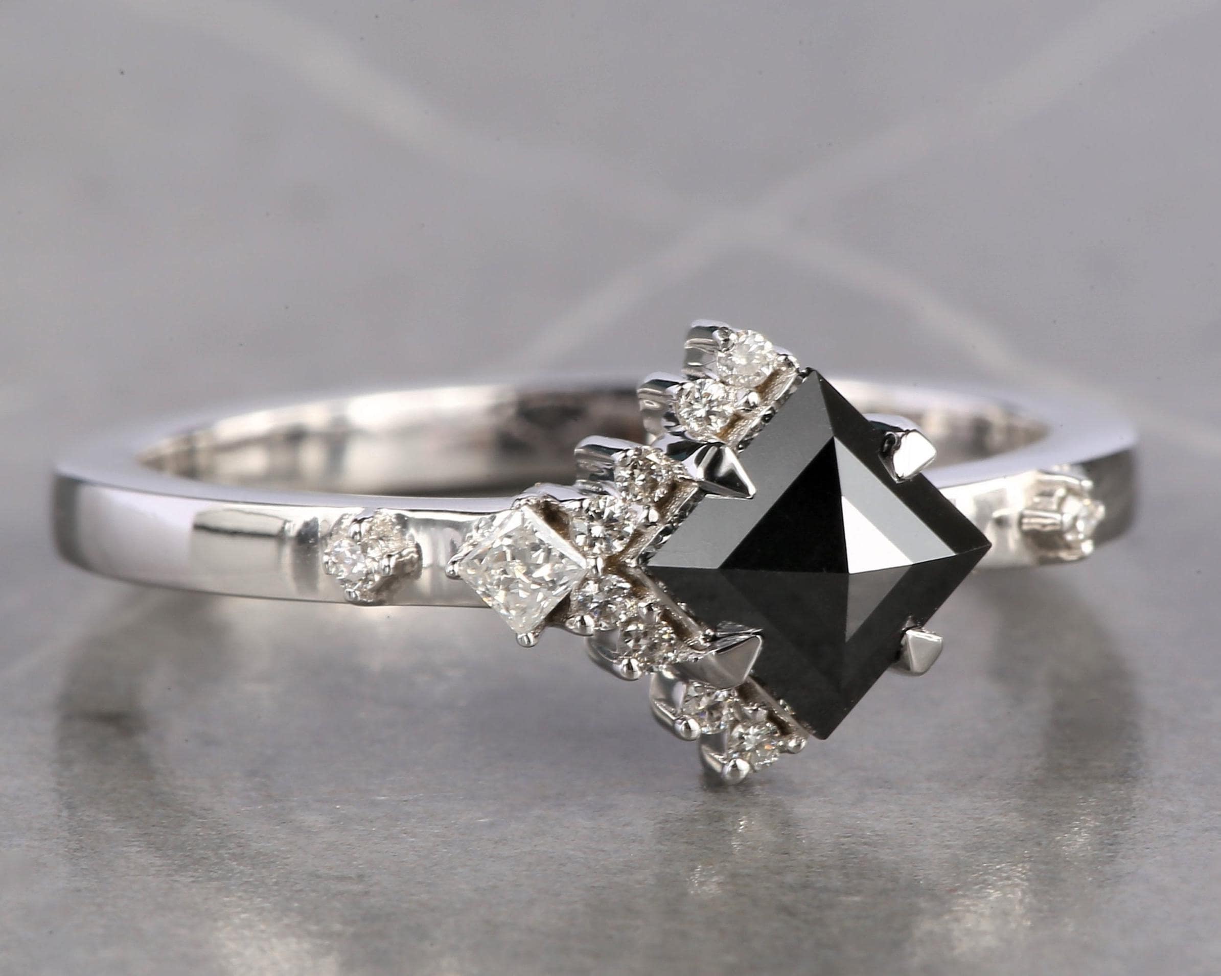 Square Cut Black Diamond Ring, Natural Diamond 14K White Gold Engagement Ring