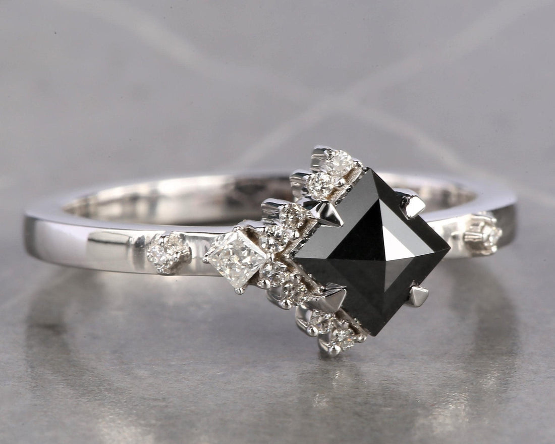 Square Cut Black Diamond Ring, Natural Diamond 14K White Gold Engagement Ring