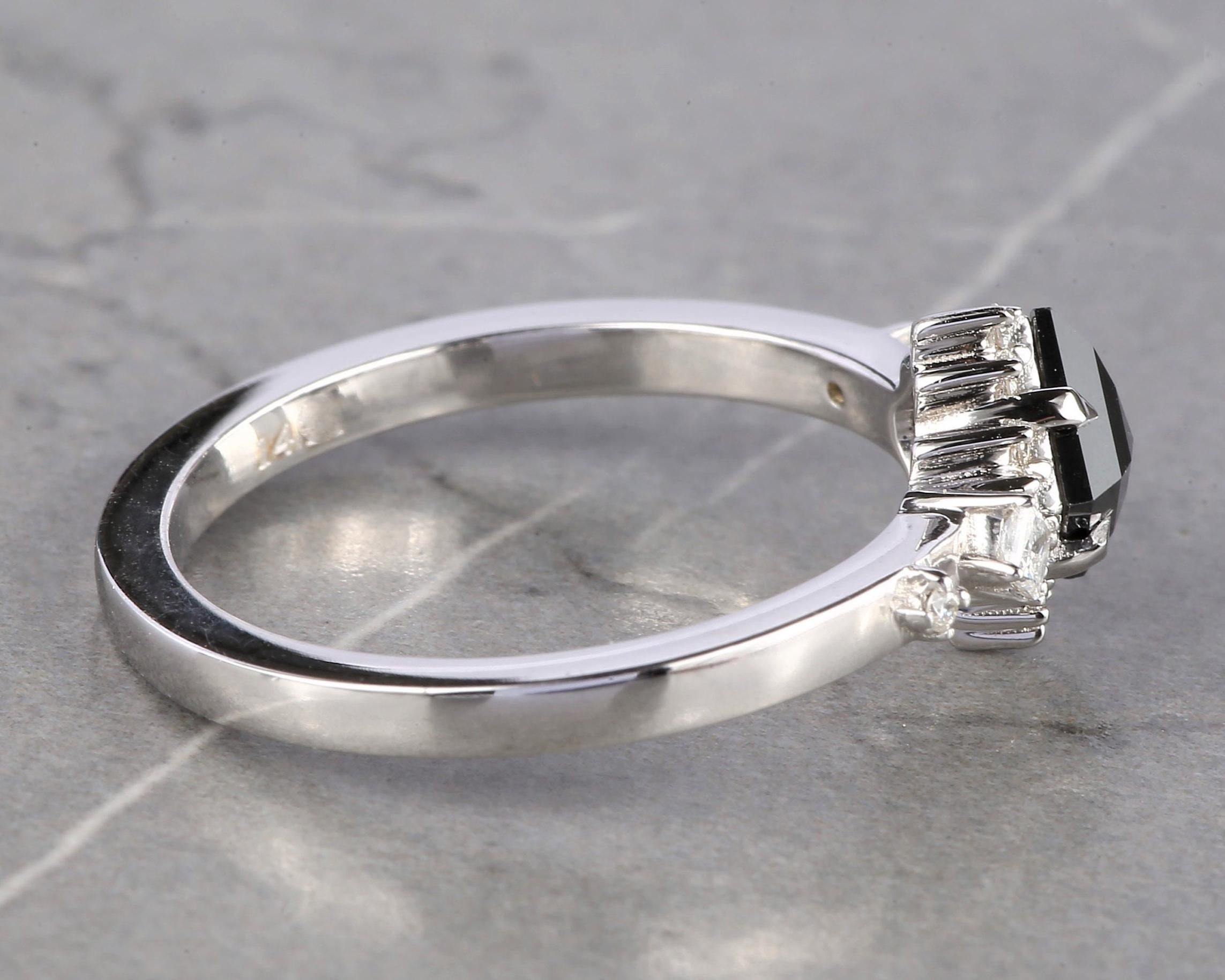 Square Cut Black Diamond Ring, Natural Diamond 14K White Gold Engagement Ring