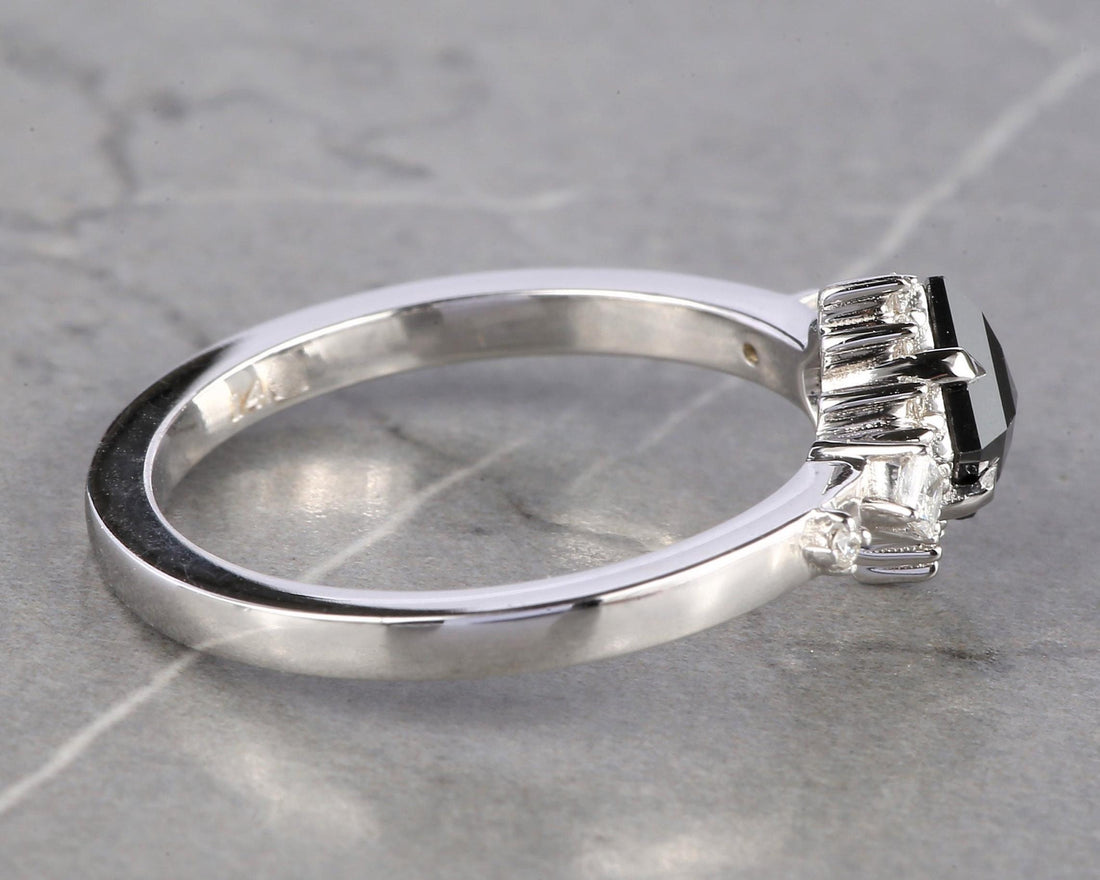Square Cut Black Diamond Ring, Natural Diamond 14K White Gold Engagement Ring