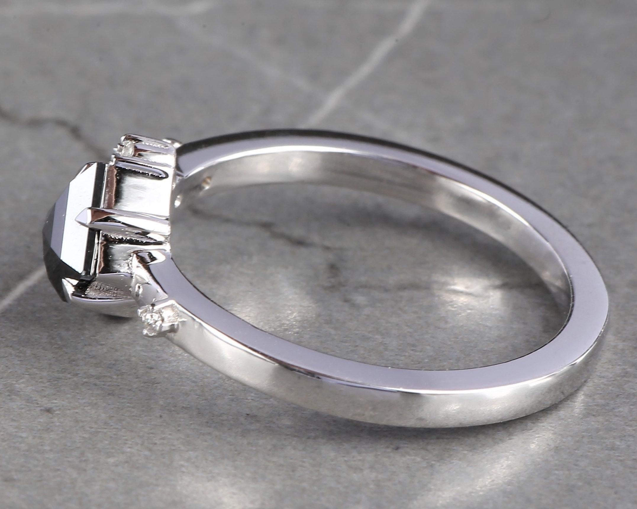 Square Cut Black Diamond Ring, Natural Diamond 14K White Gold Engagement Ring