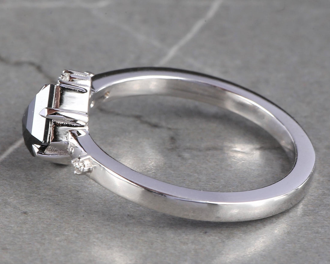 Square Cut Black Diamond Ring, Natural Diamond 14K White Gold Engagement Ring
