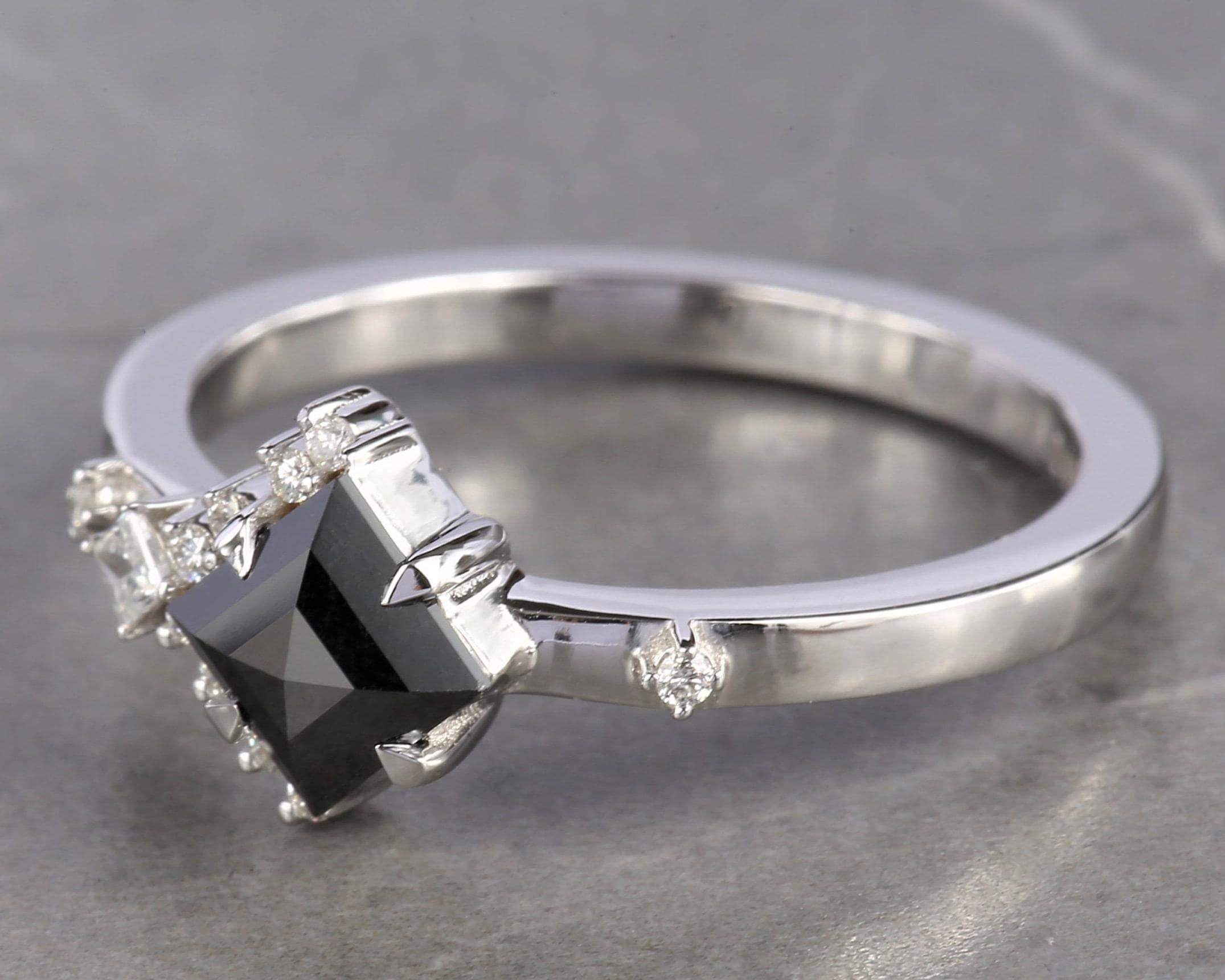 Square Cut Black Diamond Ring, Natural Diamond 14K White Gold Engagement Ring