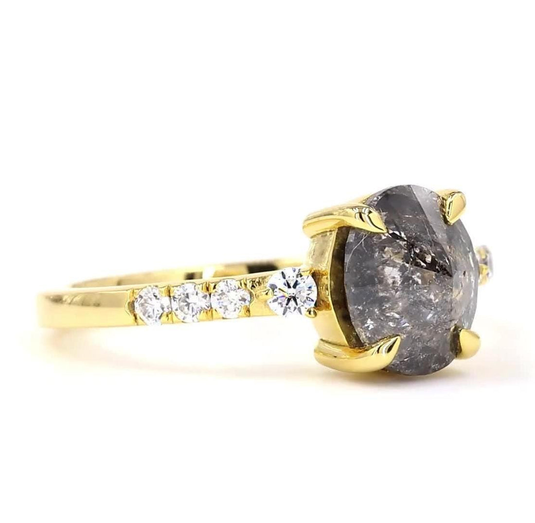 Oval Salt and Pepper Diamond Ring, Natural Grey Diamond 14K Yellow Gold Anniversary Ring