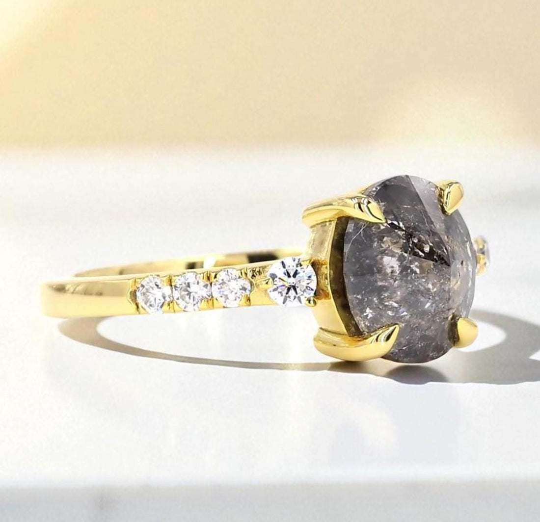 Oval Salt and Pepper Diamond Ring, Natural Grey Diamond 14K Yellow Gold Anniversary Ring