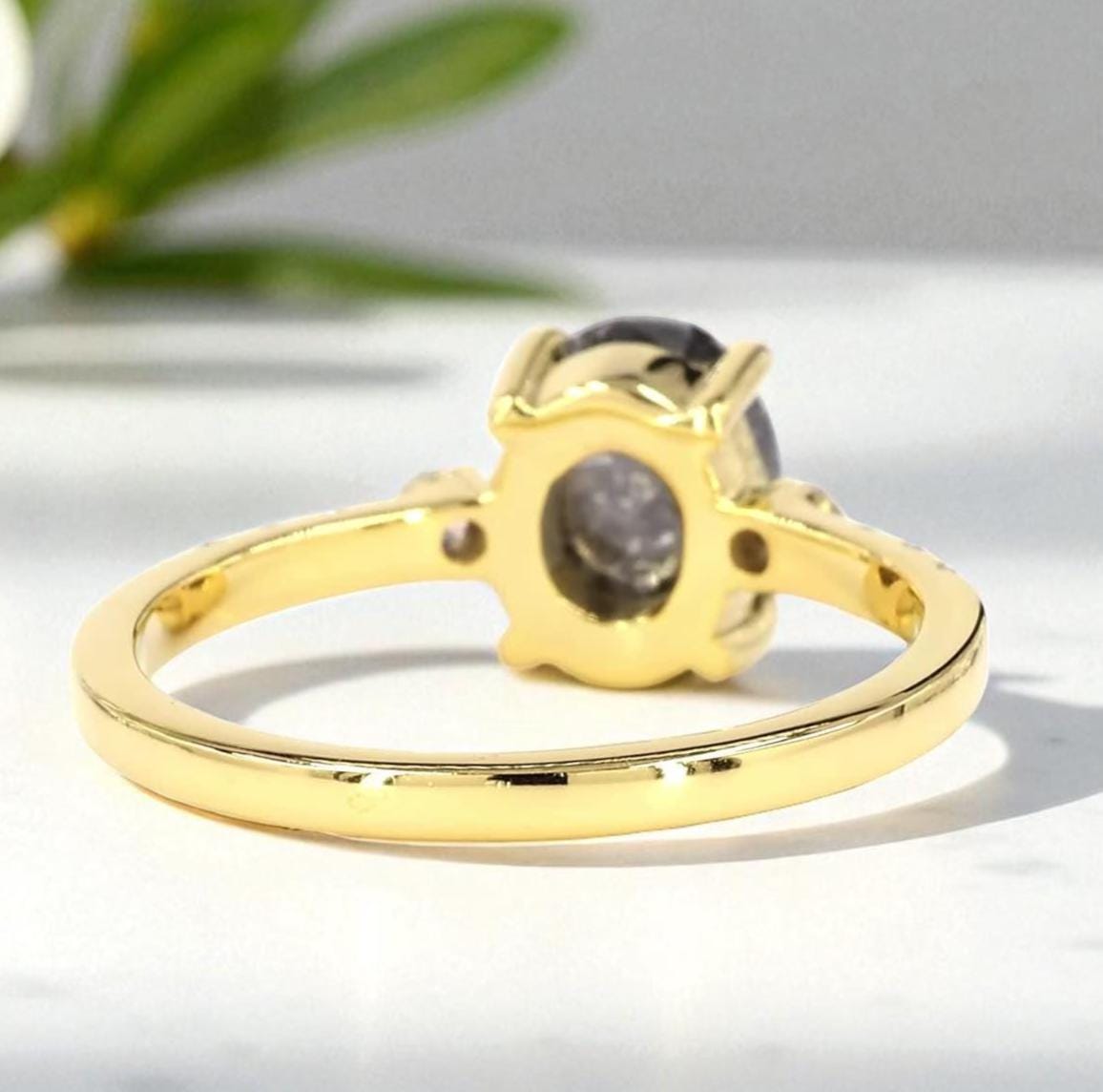 Oval Salt and Pepper Diamond Ring, Natural Grey Diamond 14K Yellow Gold Anniversary Ring