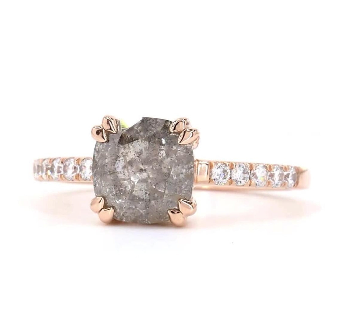Cushion Cut Salt and Pepper Diamond Engagement Ring, Natural Grey Diamond 14K Rose Gold Promise Ring