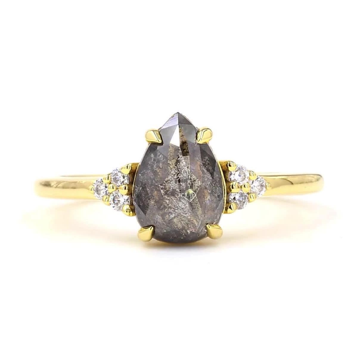 14K Pear Cut Yellow Gold Grey Salt and Pepper Natural Diamond Anniversary Ring