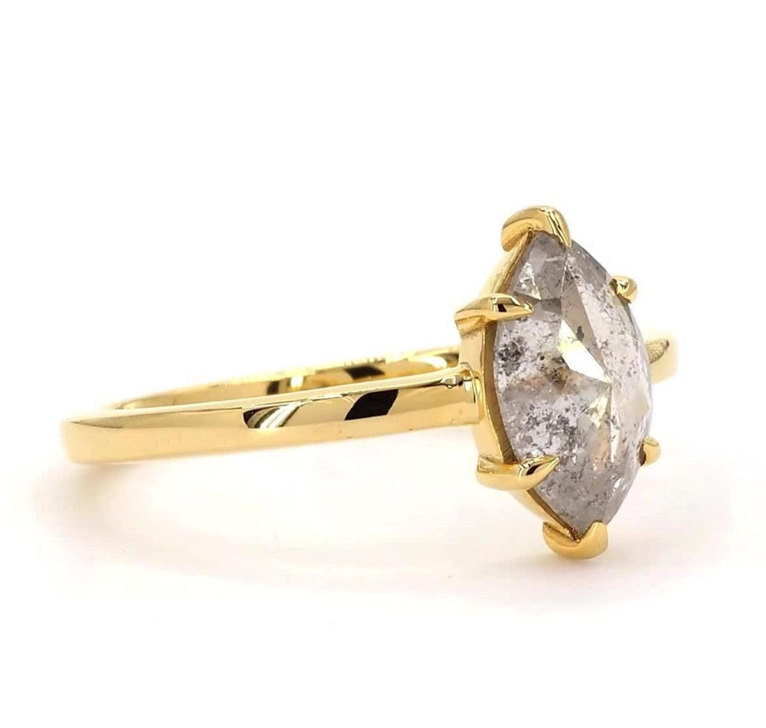 14K Yellow Gold Grey Salt and Pepper Marquise Cut Natural Diamond Wedding Ring