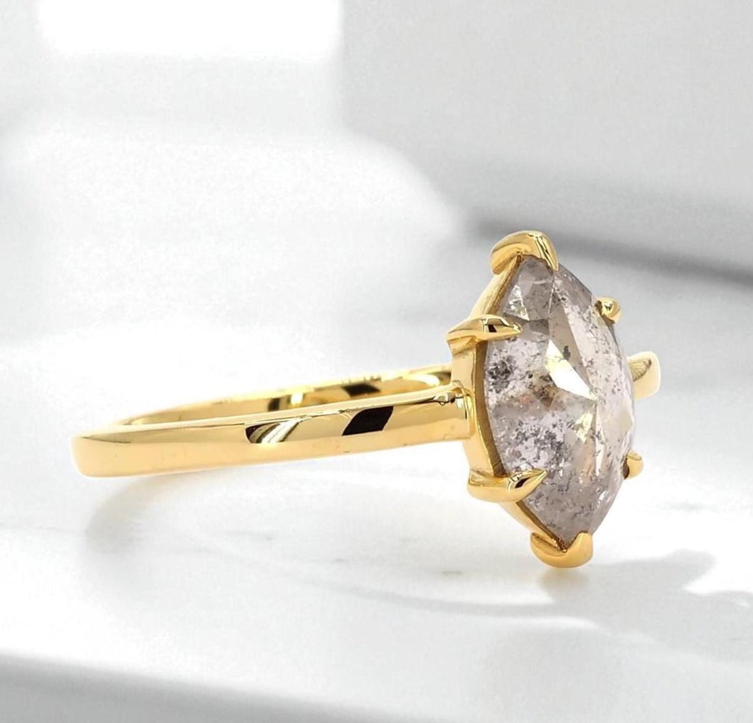 14K Yellow Gold Grey Salt and Pepper Marquise Cut Natural Diamond Wedding Ring