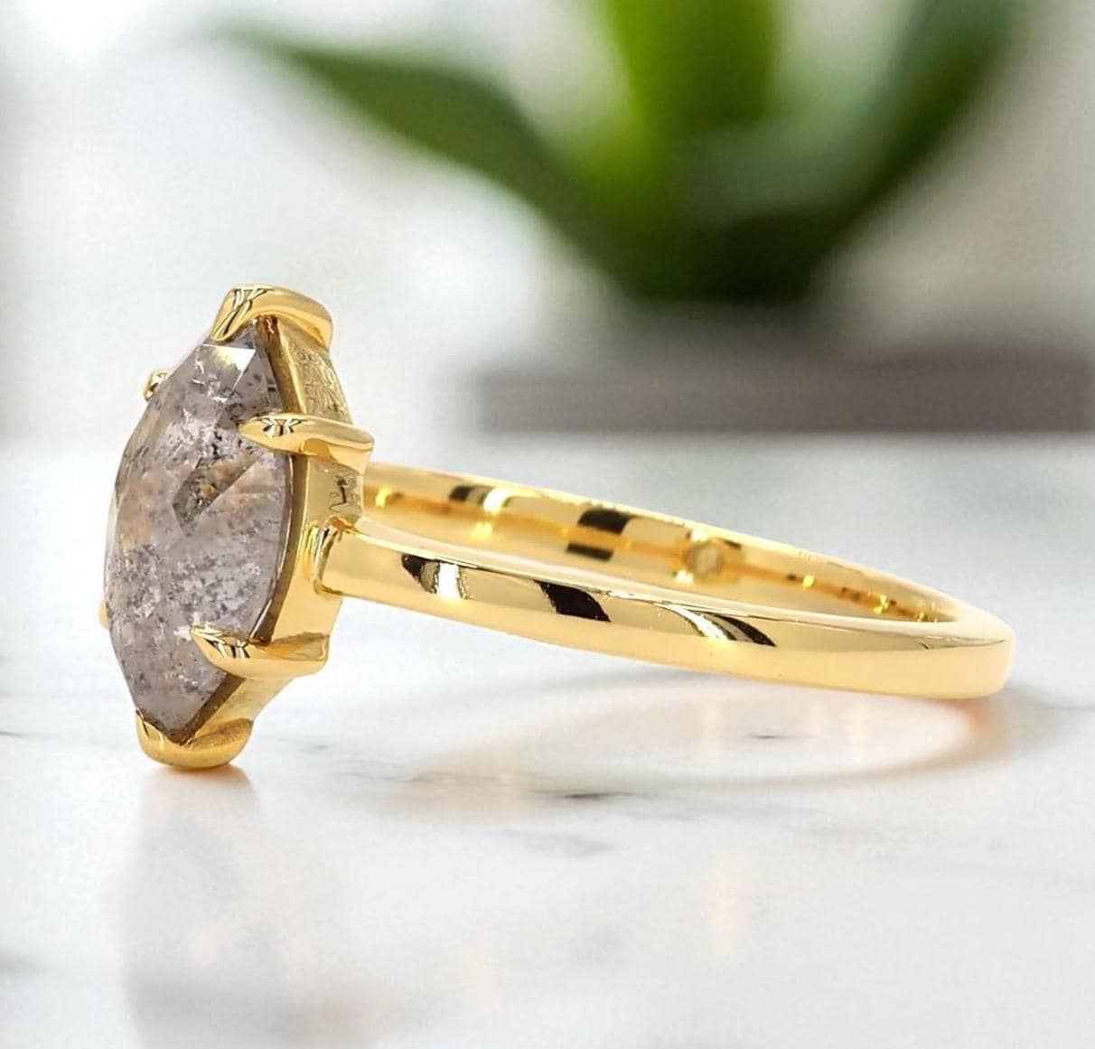 14K Yellow Gold Grey Salt and Pepper Marquise Cut Natural Diamond Wedding Ring