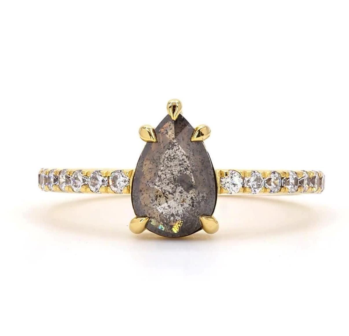 14K Yellow Gold Grey Salt and Pepper Pear Cut Natural Diamond Wedding Ring
