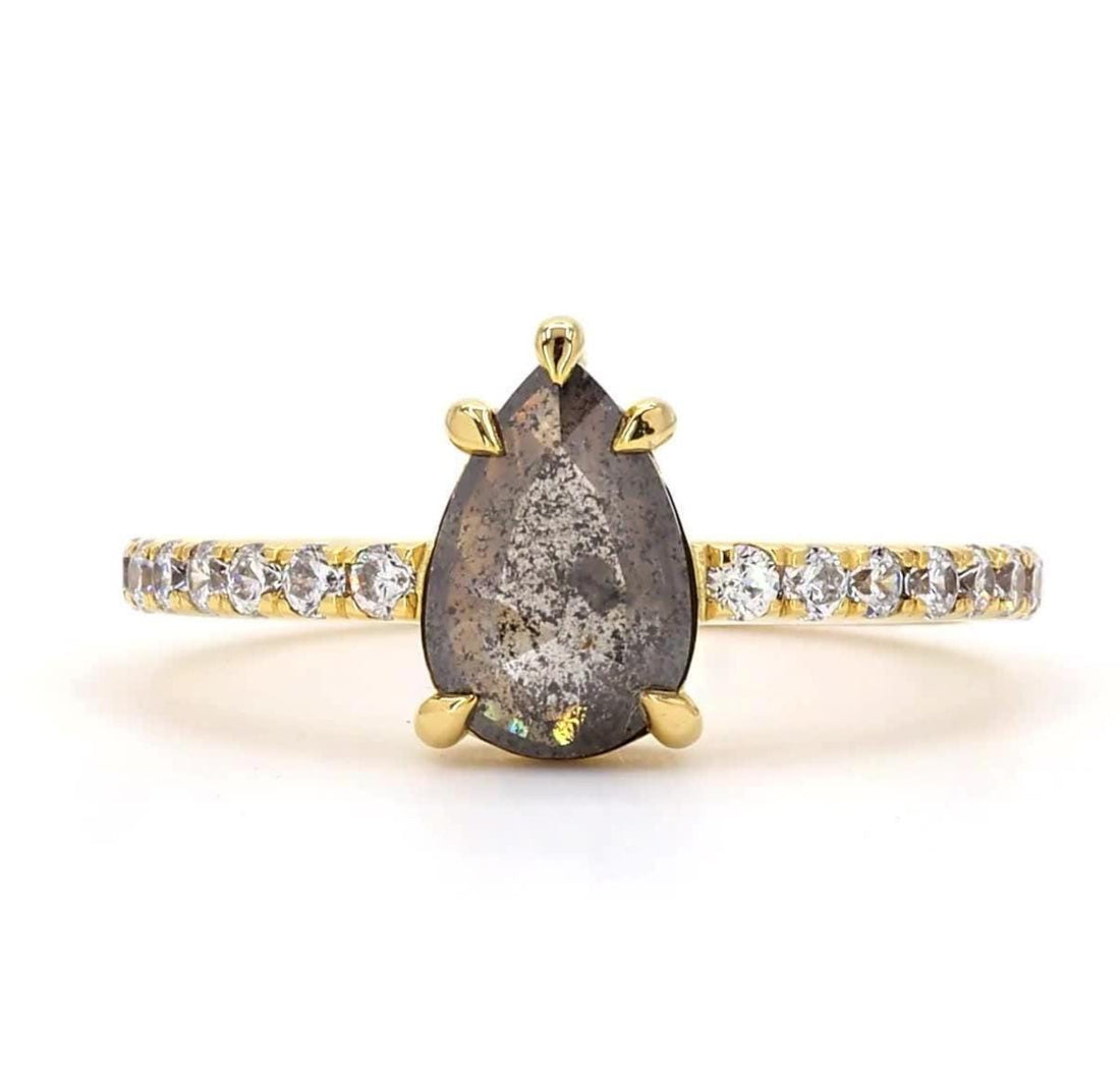 14K Yellow Gold Grey Salt and Pepper Pear Cut Natural Diamond Wedding Ring