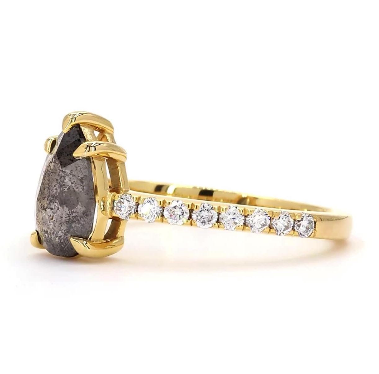 14K Yellow Gold Grey Salt and Pepper Pear Cut Natural Diamond Wedding Ring