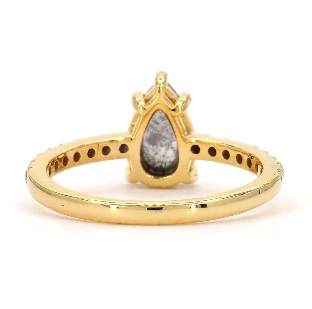 14K Yellow Gold Grey Salt and Pepper Pear Cut Natural Diamond Wedding Ring