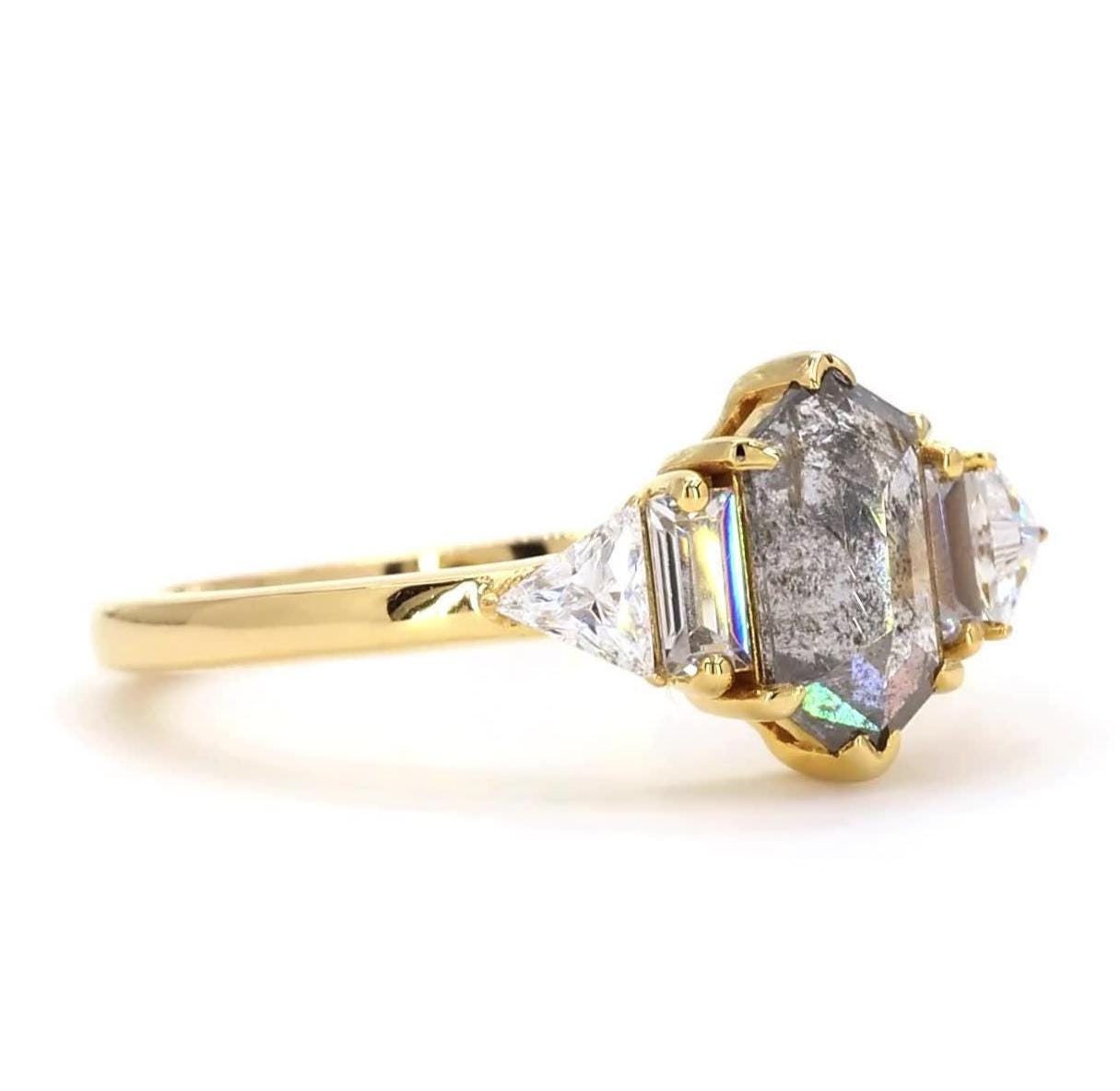14K Yellow Gold Grey Salt and Pepper Hexagon Cut Natural Diamond Anniversary Ring