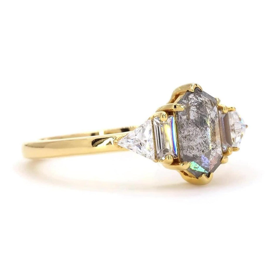 14K Yellow Gold Grey Salt and Pepper Hexagon Cut Natural Diamond Anniversary Ring