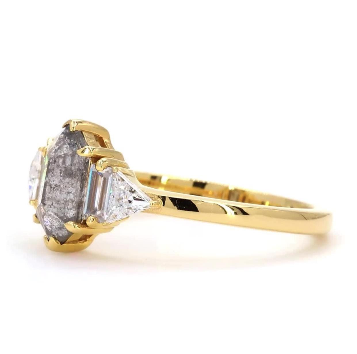 14K Yellow Gold Grey Salt and Pepper Hexagon Cut Natural Diamond Anniversary Ring