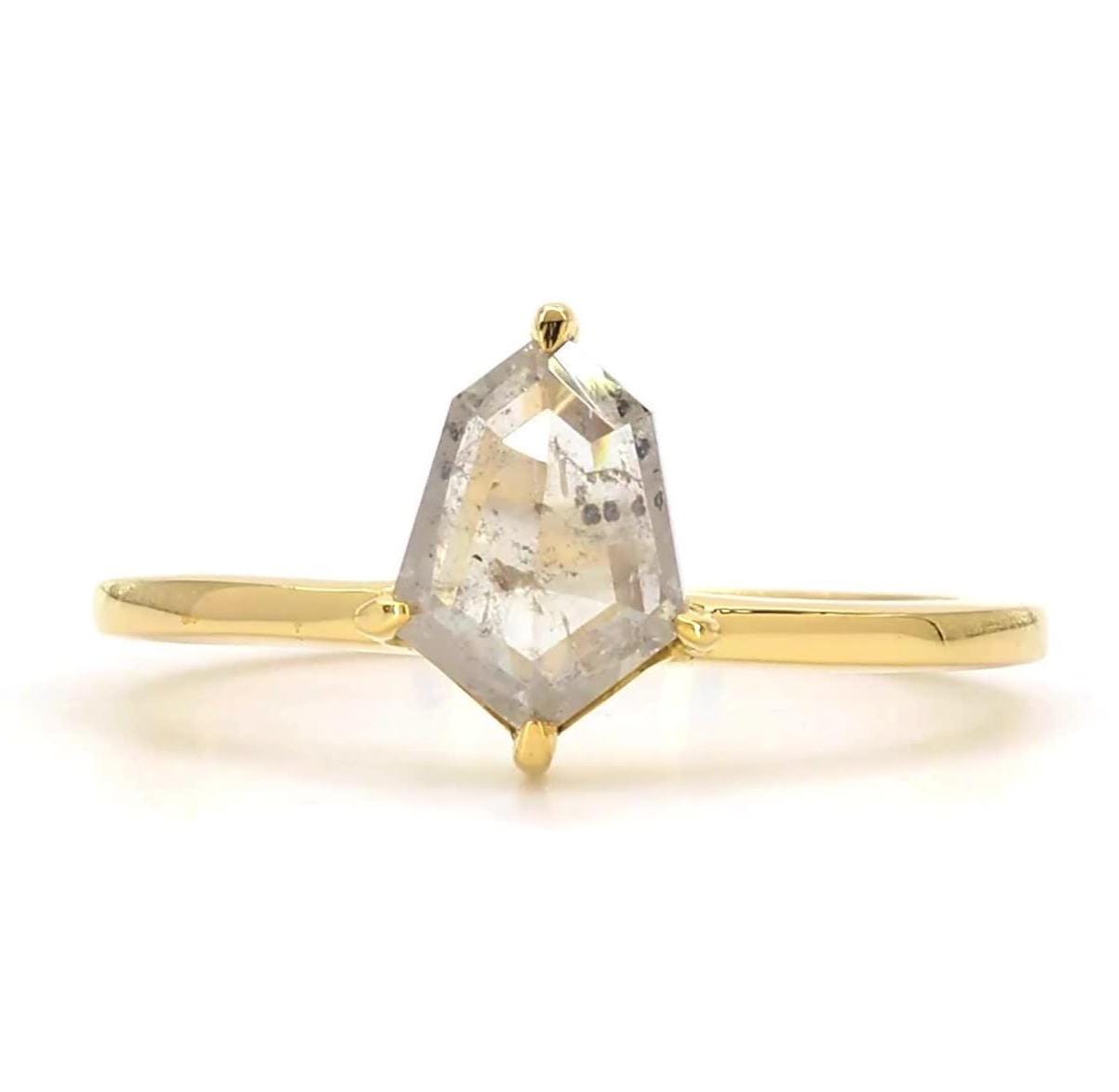 14K Yellow Gold Grey Salt and Pepper Shield Cut Natural Diamond Unique Anniversary Ring