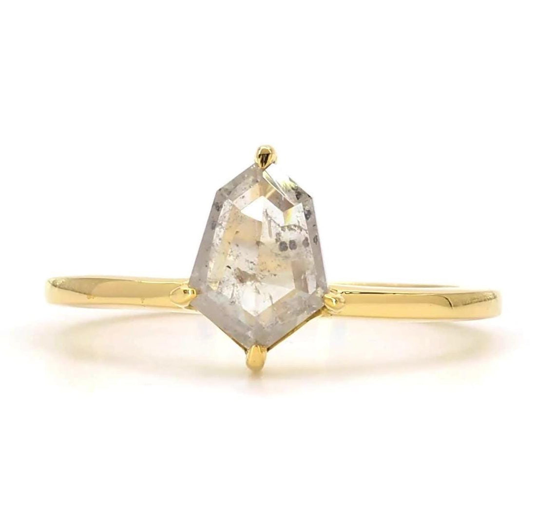14K Yellow Gold Grey Salt and Pepper Shield Cut Natural Diamond Unique Anniversary Ring