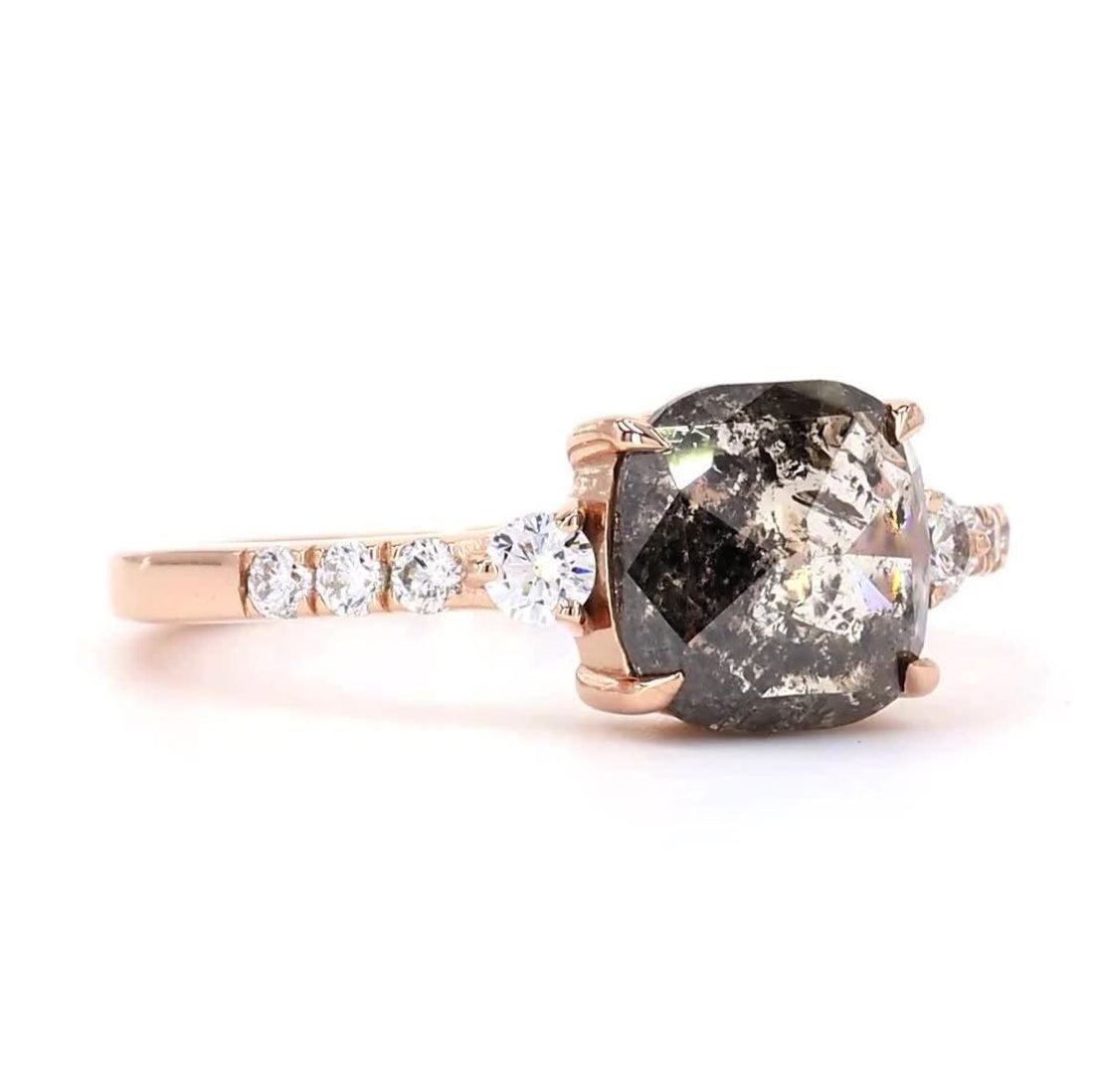 14K Rose Gold Grey Salt and Pepper Cushion Cut Natural Diamond Minimalist Wedding Ring