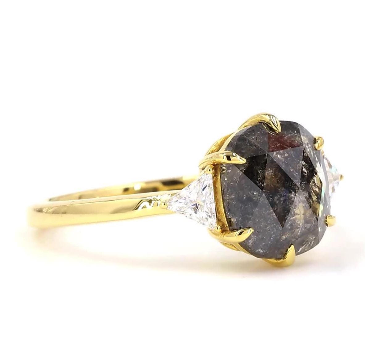 14K Yellow Gold Grey Salt and Pepper Oval Cut Natural Diamond Statement Ring