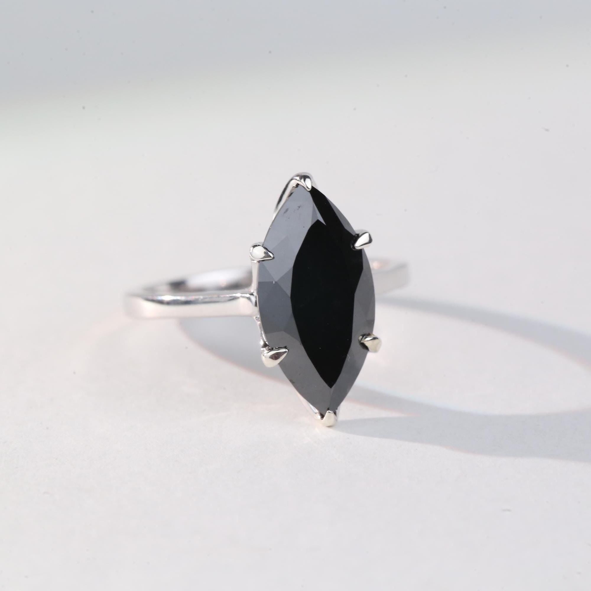 Marquise Cut Black Diamond Ring, Natural Diamond 14K White Gold Solitaire Wedding Ring