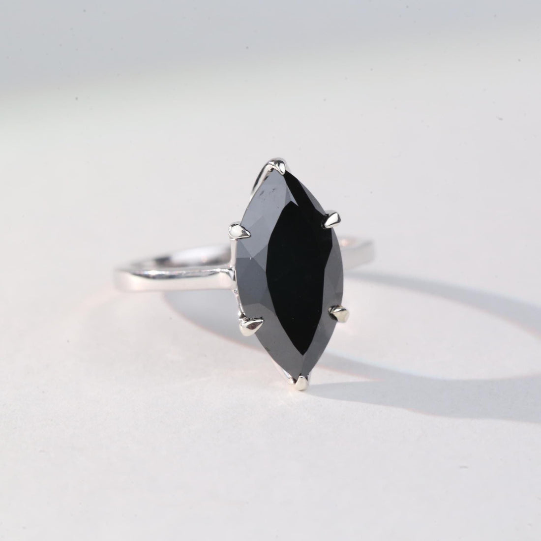 Marquise Cut Black Diamond Ring, Natural Diamond 14K White Gold Solitaire Wedding Ring
