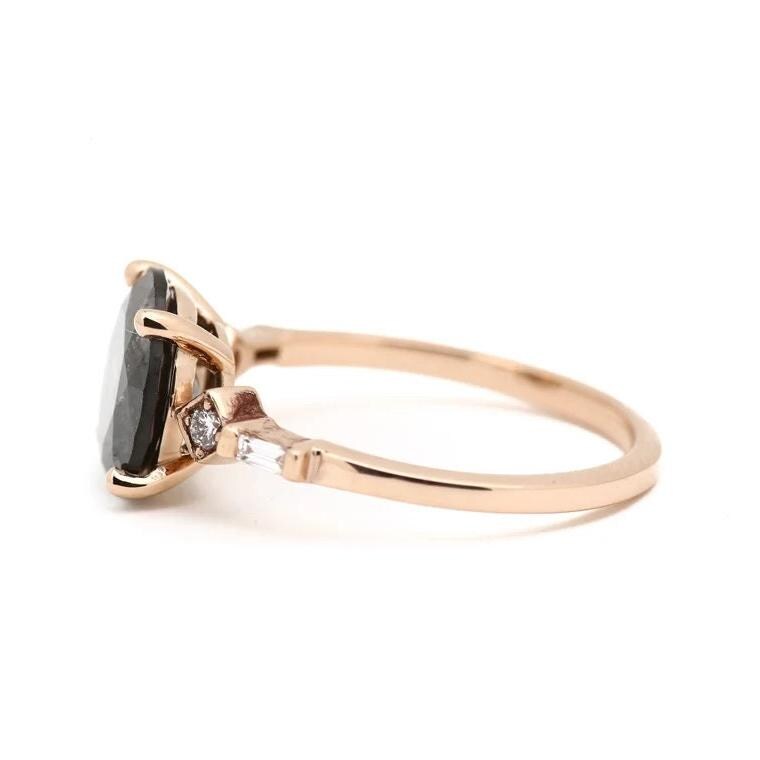 Round Cut Black Diamond Ring, Natural Diamond 14K Yellow Gold Promise Ring