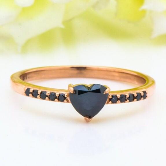 Heart Cut Black Diamond Ring, Natural Diamond 14K Rose Gold Engagement Ring